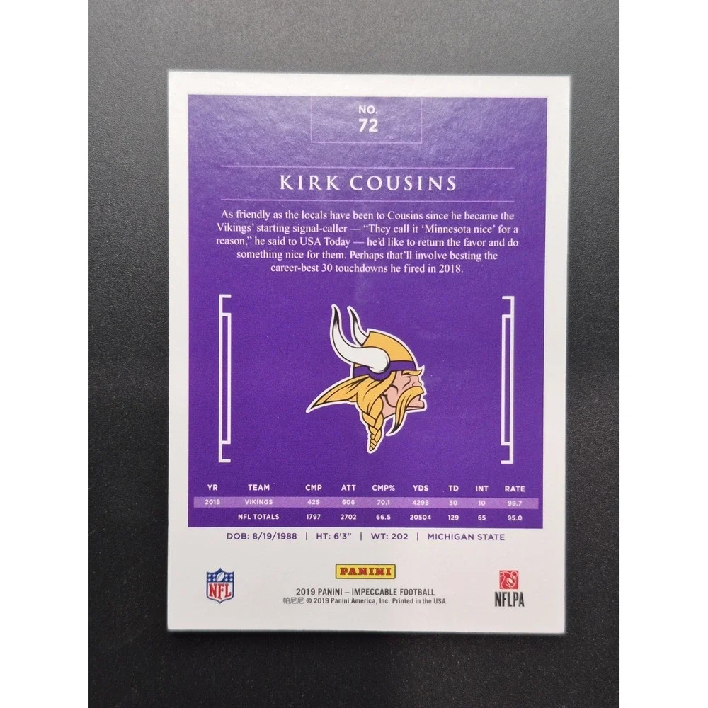 2019 Panini Impeccable Football Kirk Cousins #72 Ruby /8 Falcons Vikings Raiders